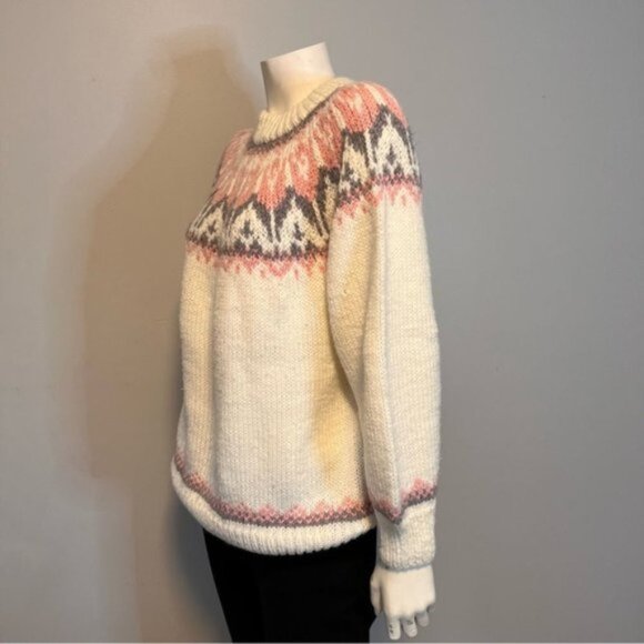 Hand Knitted Cream Pink Fair Isle Jumper Sweater Size M - Picture 2 of 7